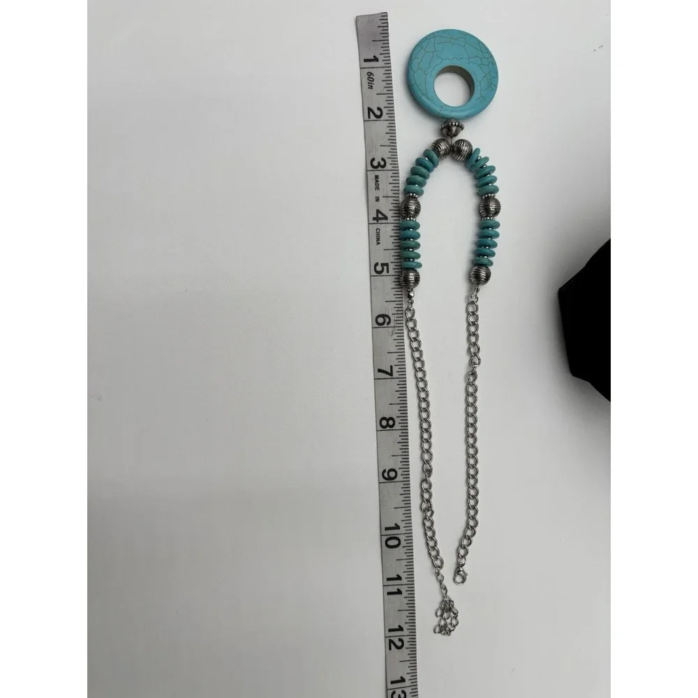 Turquoise‎ Statement Necklace Large Donut Pendant Silver Tone Beaded Chunky